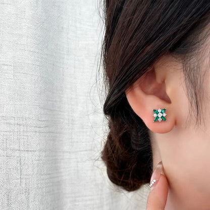 Marquise-Cut Lab-Grown Emerald Floral Stud Earrings with Round Moissanite | 925 Sterling Silver / 18K Gold Custom | BOCOS JEWELRY