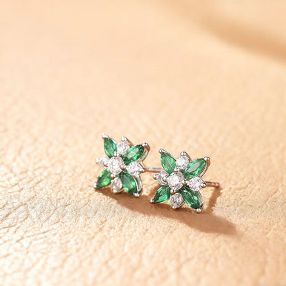 Marquise-Cut Lab-Grown Emerald Floral Stud Earrings with Round Moissanite | 925 Sterling Silver / 18K Gold Custom | BOCOS JEWELRY