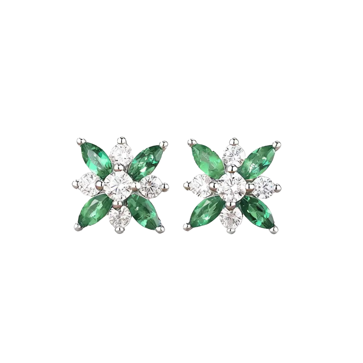 Marquise-Cut Lab-Grown Emerald Floral Stud Earrings with Round Moissanite | 925 Sterling Silver / 18K Gold Custom | BOCOS JEWELRY
