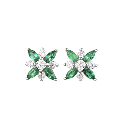 Marquise-Cut Lab-Grown Emerald Floral Stud Earrings with Round Moissanite | 925 Sterling Silver / 18K Gold Custom | BOCOS JEWELRY