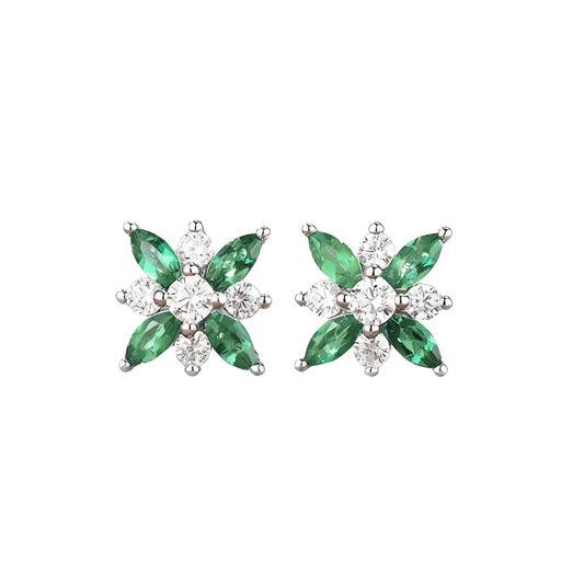 Marquise-Cut Lab-Grown Emerald Floral Stud Earrings with Round Moissanite | 925 Sterling Silver / 18K Gold Custom | BOCOS JEWELRY