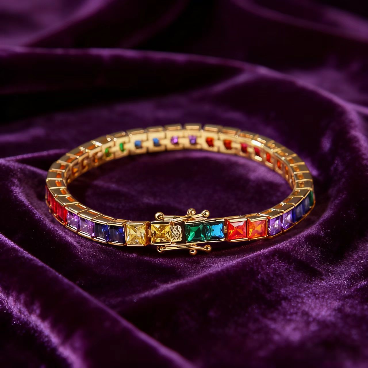 Princess-Cut Rainbow Colored Gemstone Tennis Bracelet | 18K Gold Custom | BOCOS JEWELRY