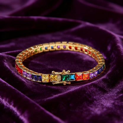 Princess-Cut Rainbow Colored Gemstone Tennis Bracelet | 18K Gold Custom | BOCOS JEWELRY