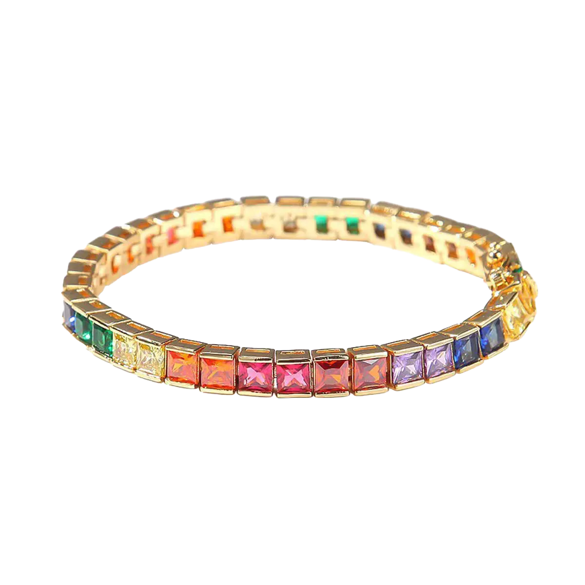 Princess-Cut Rainbow Colored Gemstone Tennis Bracelet | 18K Gold Custom | BOCOS JEWELRY