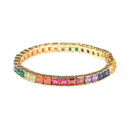 Princess-Cut Rainbow Colored Gemstone Tennis Bracelet | 18K Gold Custom | BOCOS JEWELRY