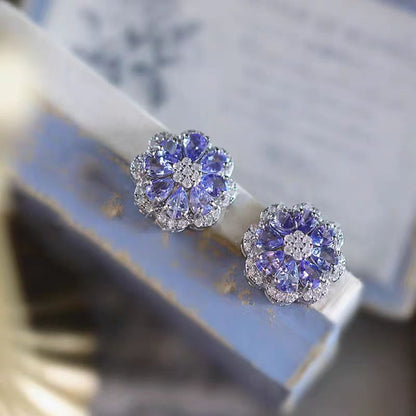 Pear-Cut Lab-Grown Tanzanite Floral Stud Earrings with Moissanite | 925 Sterling Silver / 18K Gold | BOCOS JEWELRY