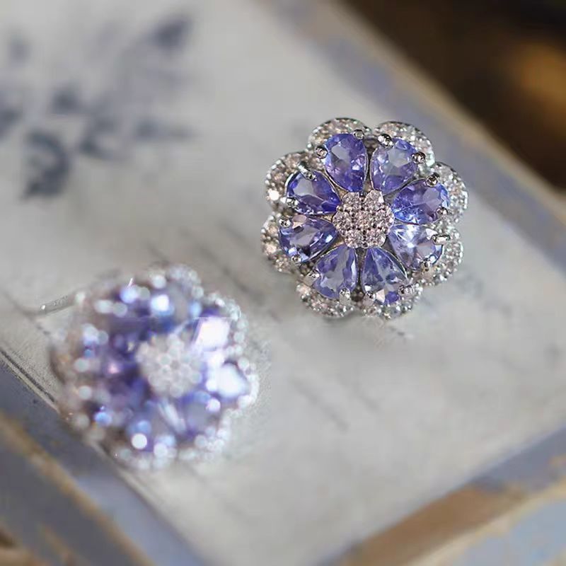 Pear-Cut Lab-Grown Tanzanite Floral Stud Earrings with Moissanite | 925 Sterling Silver / 18K Gold | BOCOS JEWELRY