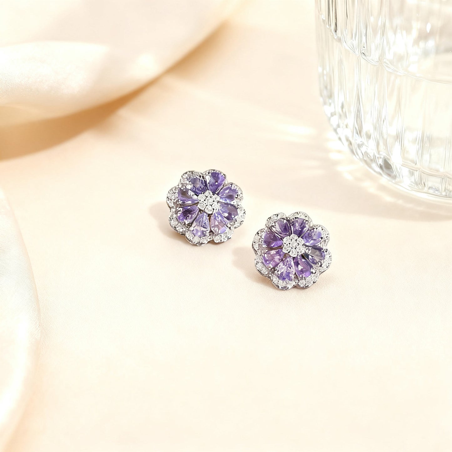 Pear-Cut Lab-Grown Tanzanite Floral Stud Earrings with Moissanite | 925 Sterling Silver / 18K Gold | BOCOS JEWELRY