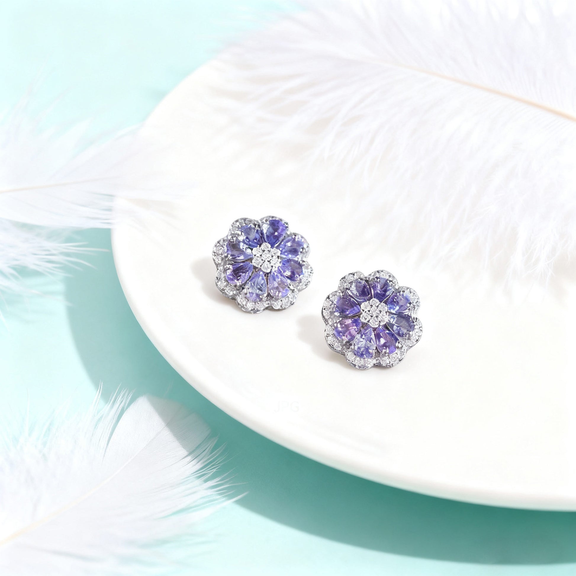 Pear-Cut Lab-Grown Tanzanite Floral Stud Earrings with Moissanite | 925 Sterling Silver / 18K Gold | BOCOS JEWELRY