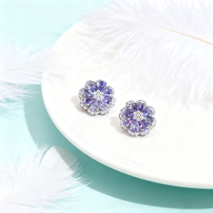 Pear-Cut Lab-Grown Tanzanite Floral Stud Earrings with Moissanite | 925 Sterling Silver / 18K Gold | BOCOS JEWELRY