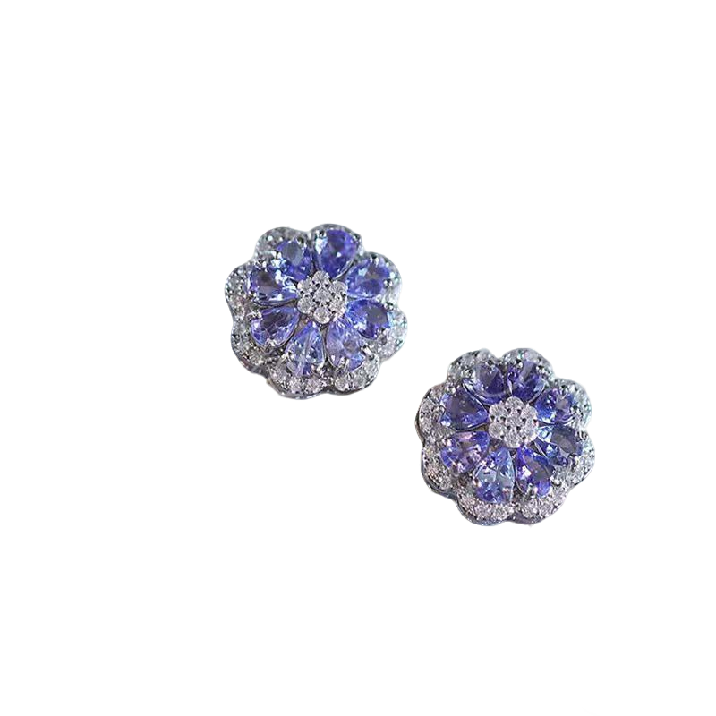 Pear-Cut Lab-Grown Tanzanite Floral Stud Earrings with Moissanite | 925 Sterling Silver / 18K Gold | BOCOS JEWELRY