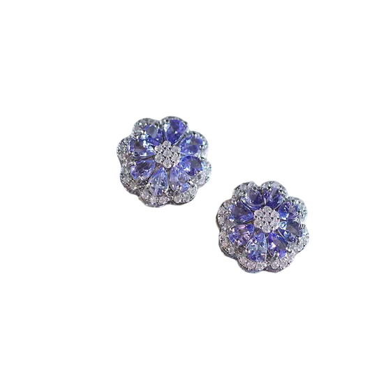 Pear-Cut Lab-Grown Tanzanite Floral Stud Earrings with Moissanite | 925 Sterling Silver / 18K Gold | BOCOS JEWELRY