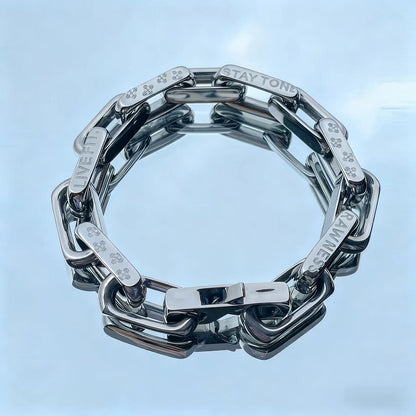 S925 Sterling Silver Statement Chain Bracelet | Engraved "STAY TONE LIVE FIT" | BOCOS JEWELRY