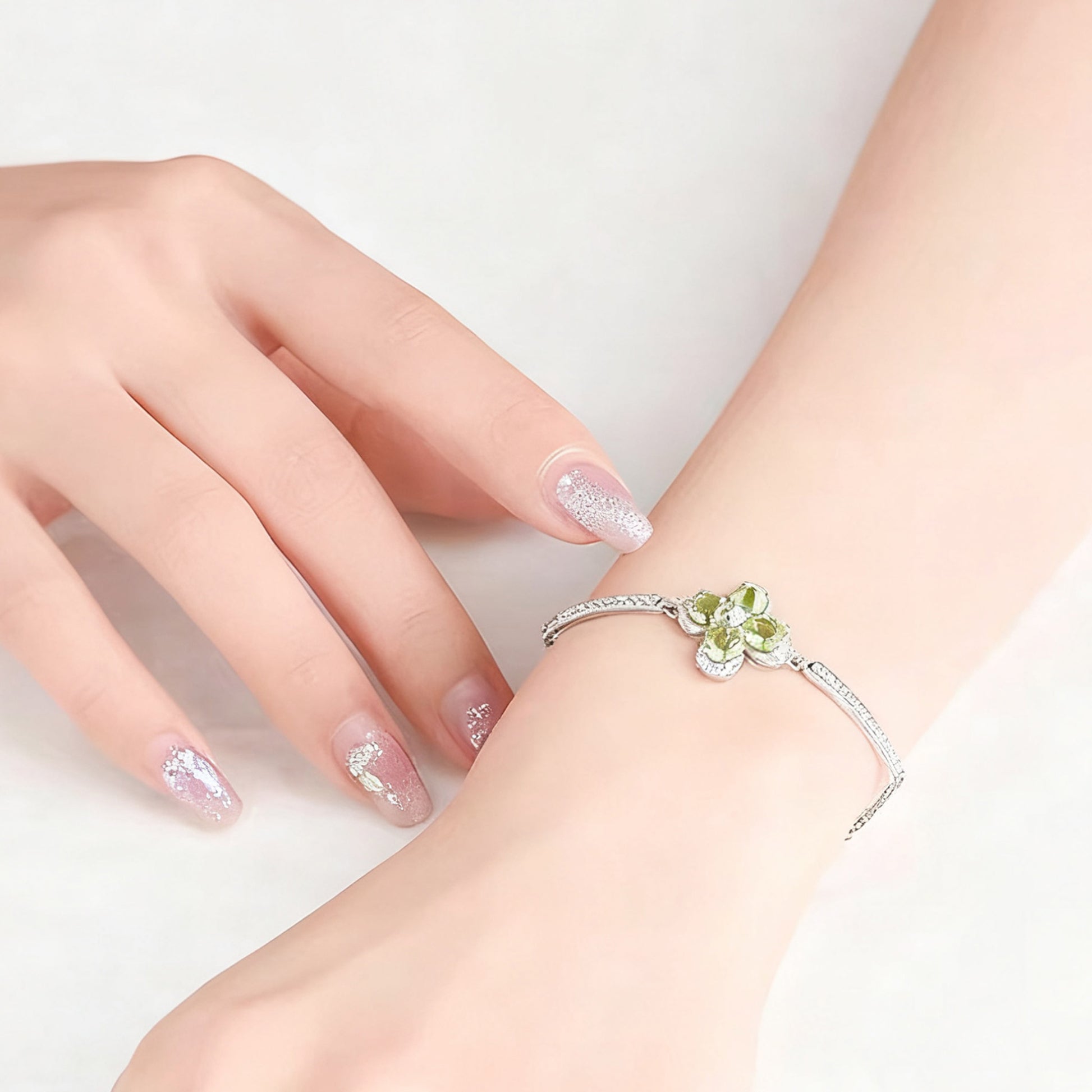 Round-Cut Peridot Four-Leaf Clover Bracelet | 925 Sterling Silver with Moissanite | BOCOS JEWELRY
