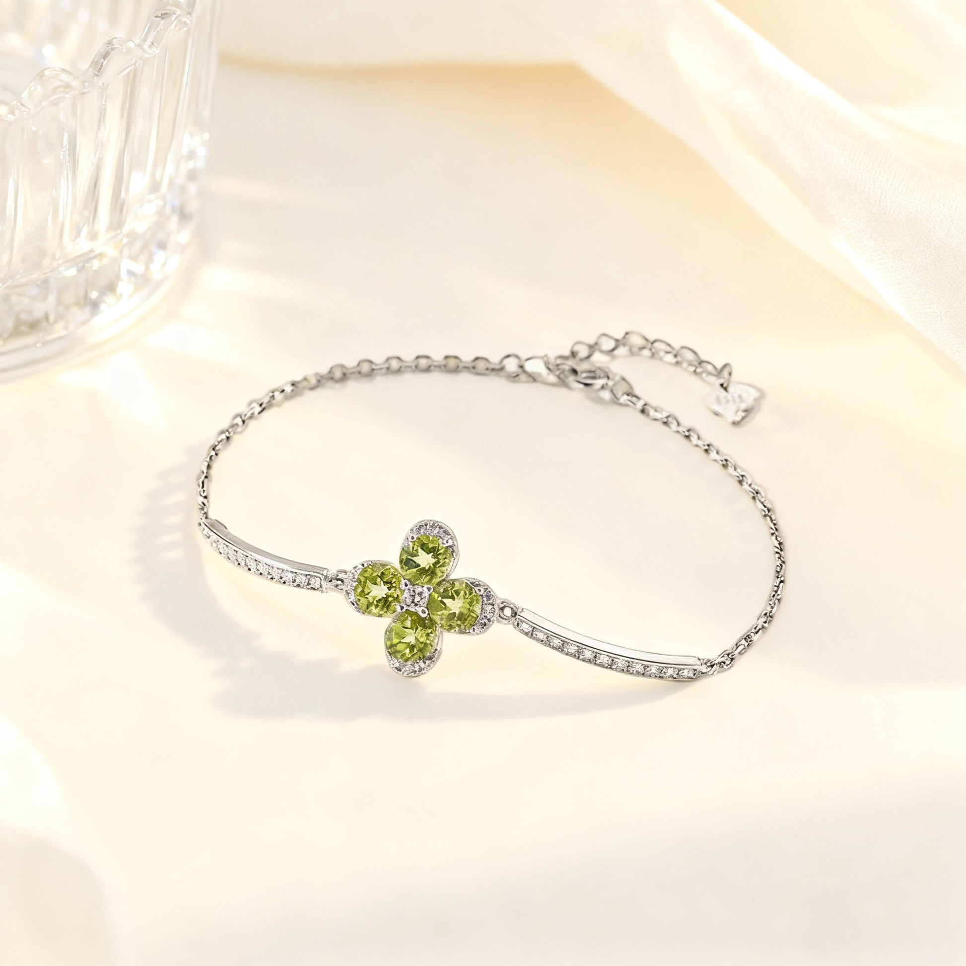 Round-Cut Peridot Four-Leaf Clover Bracelet | 925 Sterling Silver with Moissanite | BOCOS JEWELRY