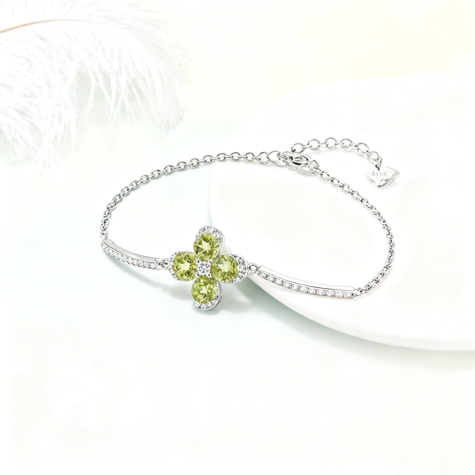 Round-Cut Peridot Four-Leaf Clover Bracelet | 925 Sterling Silver with Moissanite | BOCOS JEWELRY