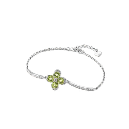 Round-Cut Peridot Four-Leaf Clover Bracelet | 925 Sterling Silver with Moissanite | BOCOS JEWELRY