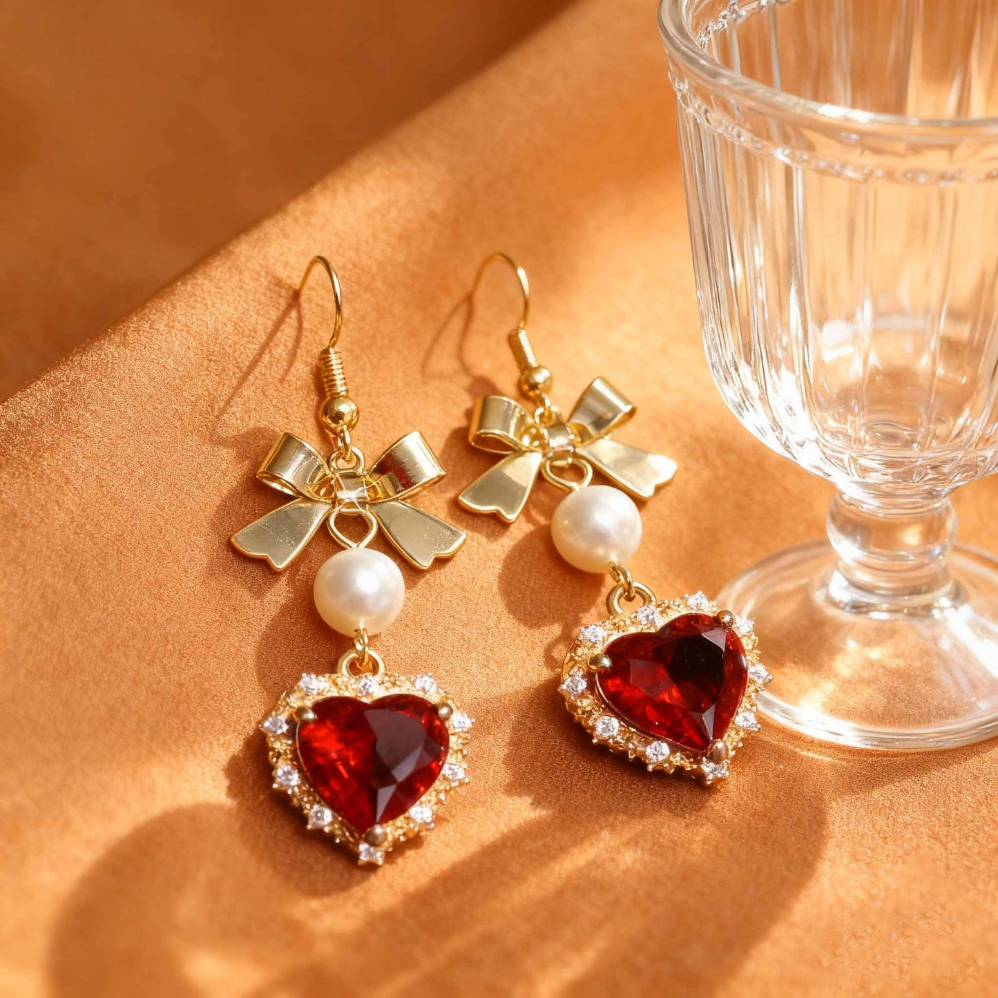 Heart-Cut Lab-Grown Ruby Halo Drop Earrings with Bow & Pearl | Gold Plated | BOCOS JEWELRY