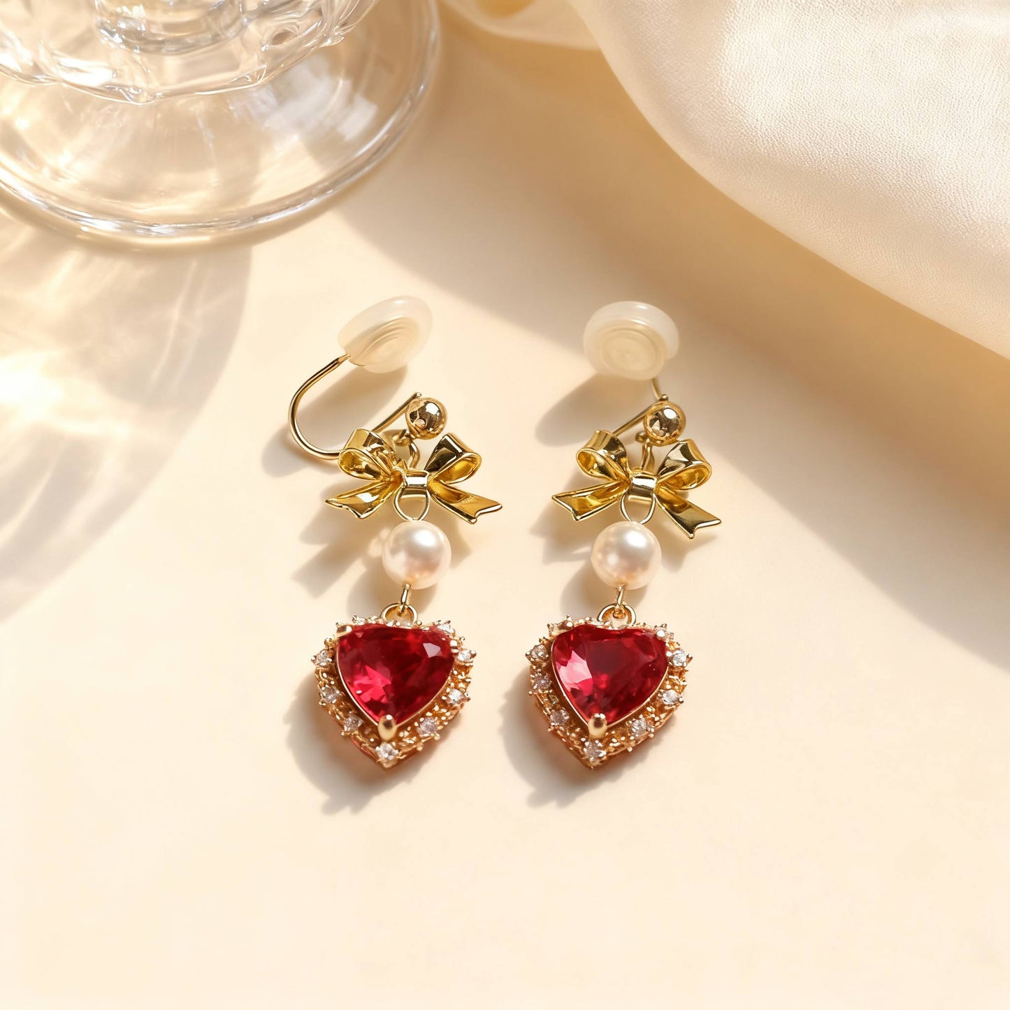 Heart-Cut Lab-Grown Ruby Halo Drop Earrings with Bow & Pearl | Gold Plated | BOCOS JEWELRY