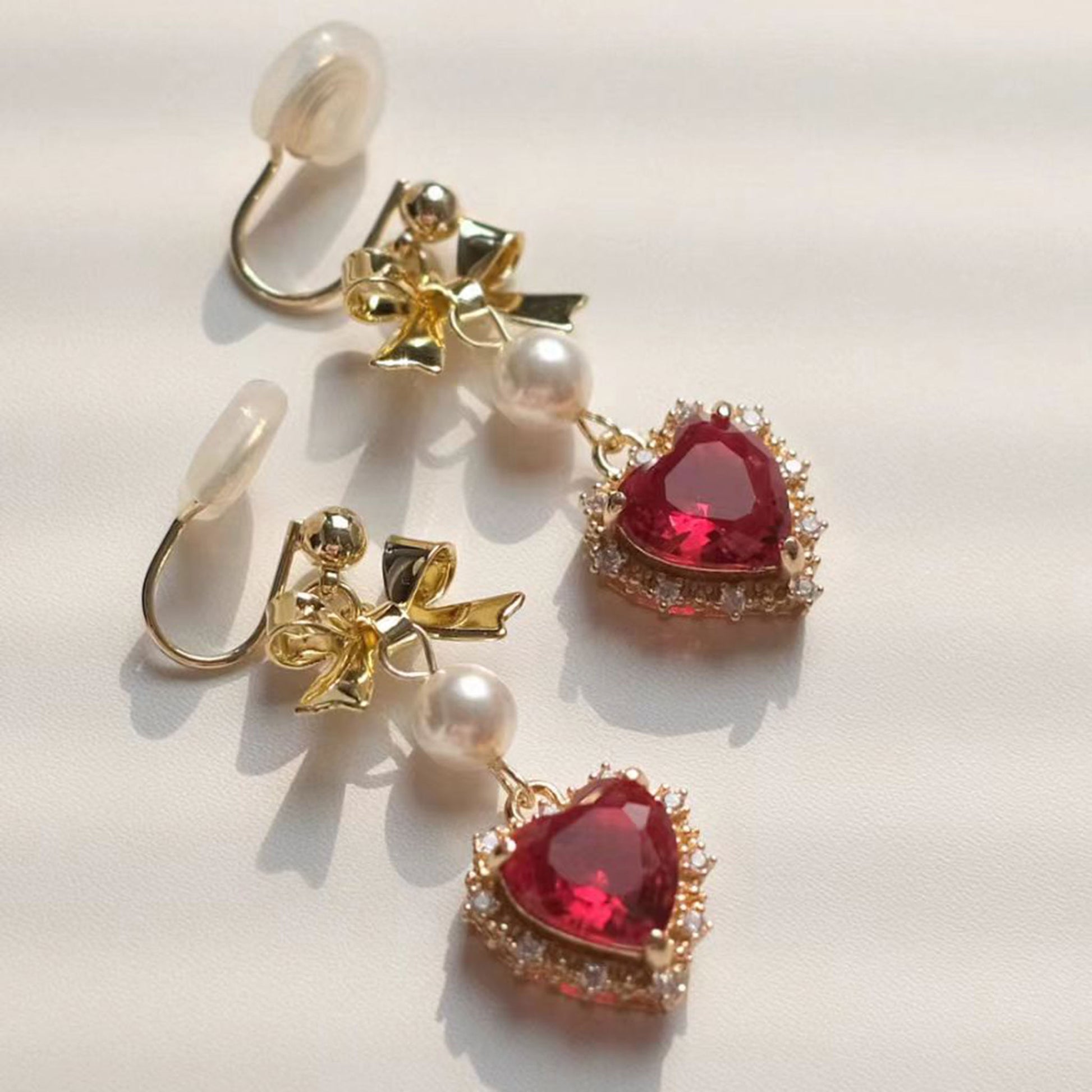 Heart-Cut Lab-Grown Ruby Halo Drop Earrings with Bow & Pearl | Gold Plated | BOCOS JEWELRY