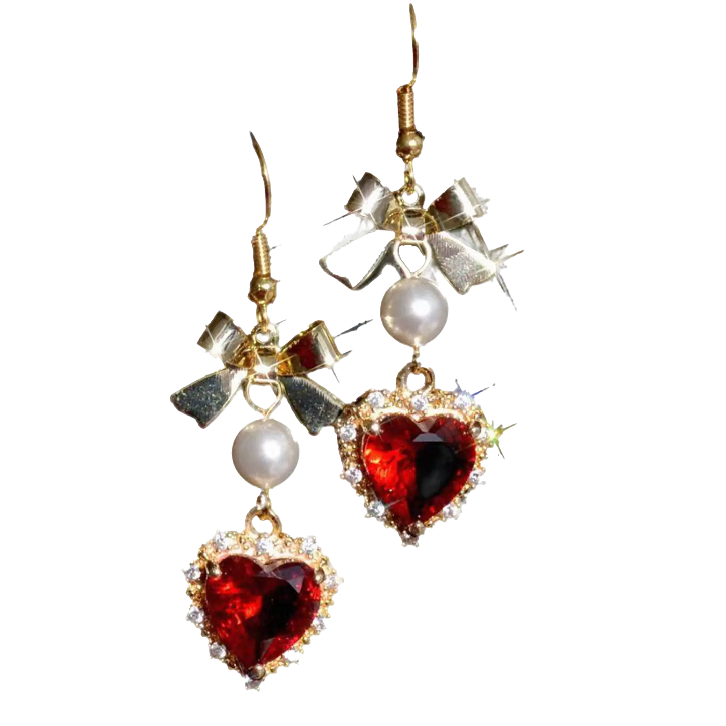 Heart-Cut Lab-Grown Ruby Halo Drop Earrings with Bow & Pearl | Gold Plated | BOCOS JEWELRY