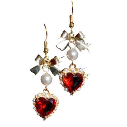 Heart-Cut Lab-Grown Ruby Halo Drop Earrings with Bow & Pearl | Gold Plated | BOCOS JEWELRY