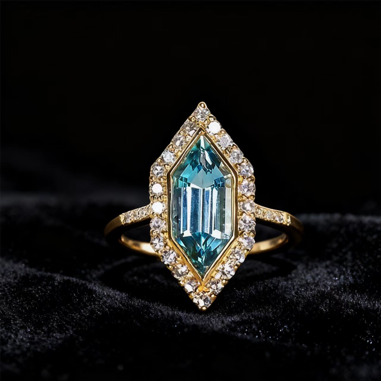 Hexagon-Cut Lab-Grown Spinel Halo Ring with Moissanite | 18K Gold / 925 Silver Custom | BOCOS JEWELRY