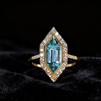 Hexagon-Cut Lab-Grown Spinel Halo Ring with Moissanite | 18K Gold / 925 Silver Custom | BOCOS JEWELRY