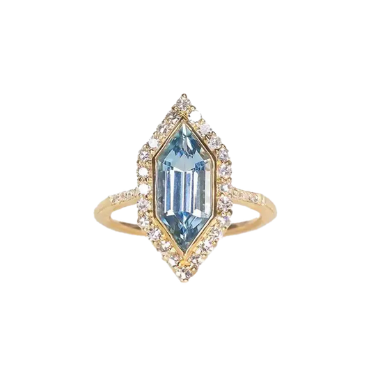 Hexagon-Cut Lab-Grown Spinel Halo Ring with Moissanite | 18K Gold / 925 Silver Custom | BOCOS JEWELRY