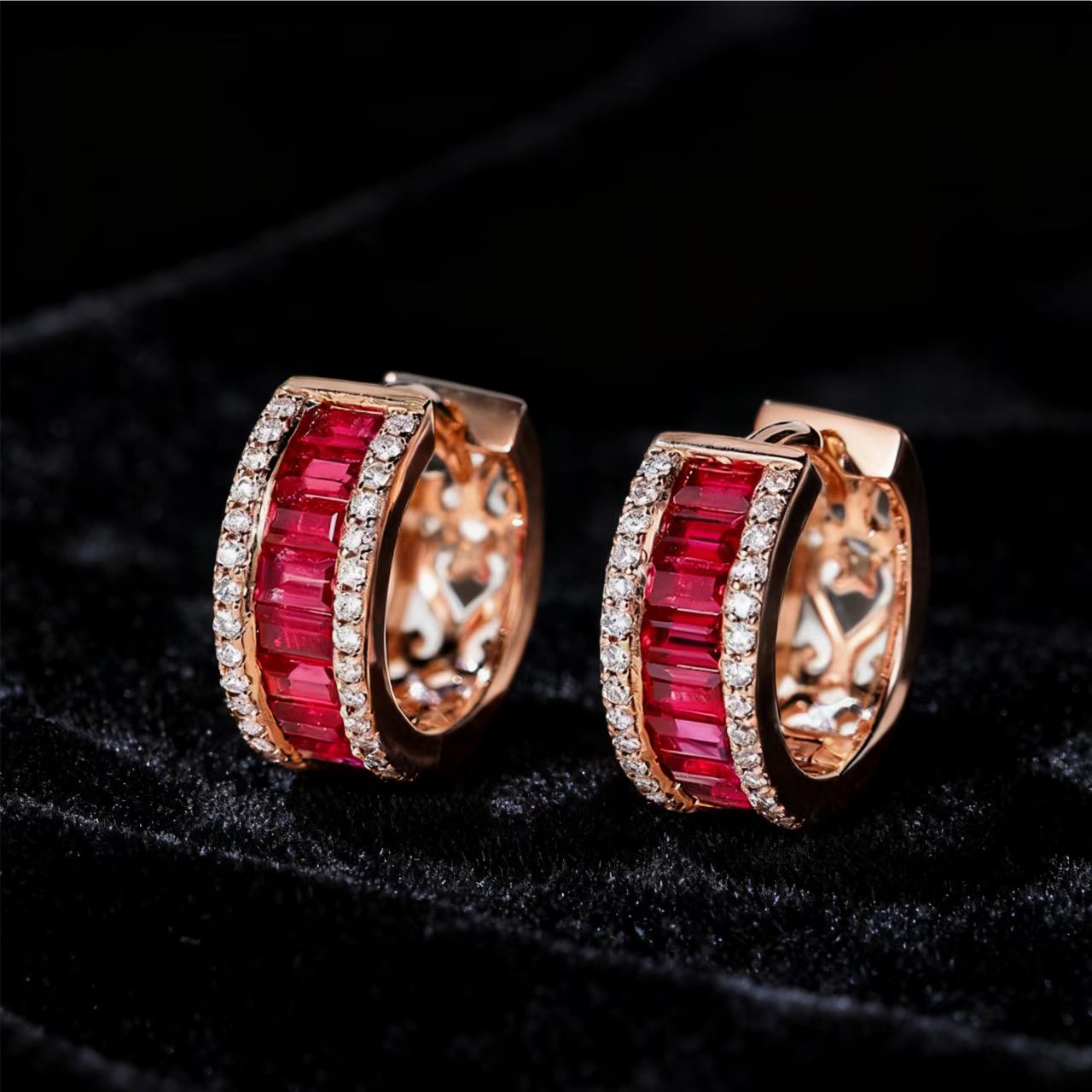 Emerald-Cut Lab-Grown Ruby Huggie Hoop Earrings with Moissanite | 18K Rose Gold Plated / 925 Sterling Silver | BOCOS JEWELRY