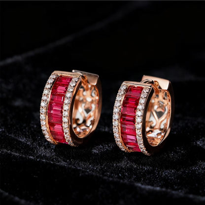 Emerald-Cut Lab-Grown Ruby Huggie Hoop Earrings with Moissanite | 18K Rose Gold Plated / 925 Sterling Silver | BOCOS JEWELRY