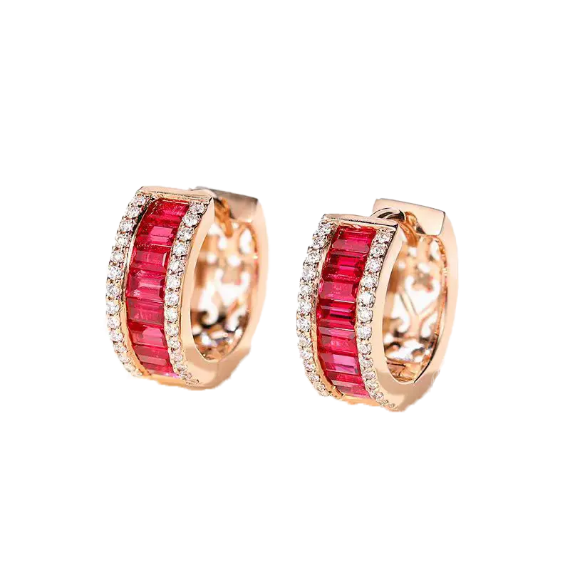 Emerald-Cut Lab-Grown Ruby Huggie Hoop Earrings with Moissanite | 18K Rose Gold Plated / 925 Sterling Silver | BOCOS JEWELRY
