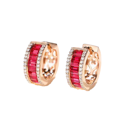 Emerald-Cut Lab-Grown Ruby Huggie Hoop Earrings with Moissanite | 18K Rose Gold Plated / 925 Sterling Silver | BOCOS JEWELRY