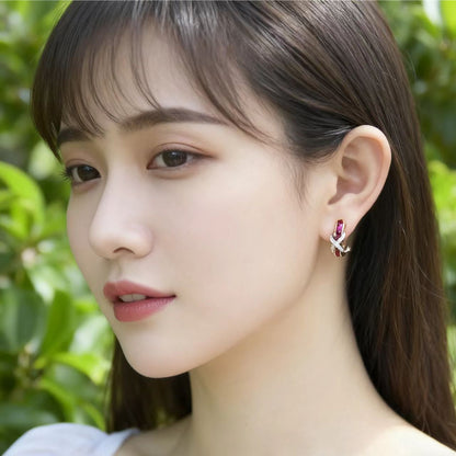 Princess-Cut Lab-Grown Ruby Huggie Earrings with Round Moissanite | Two-Tone Gold Design | BOCOS JEWELRY