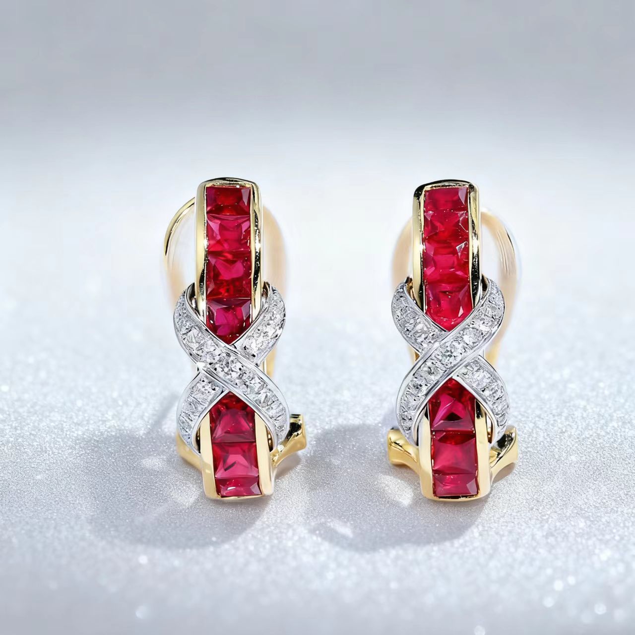 Princess-Cut Lab-Grown Ruby Huggie Earrings with Round Moissanite | Two-Tone Gold Design | BOCOS JEWELRY
