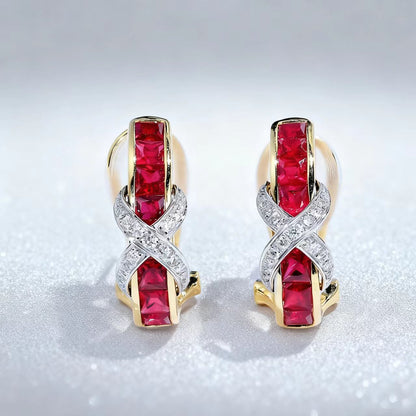 Princess-Cut Lab-Grown Ruby Huggie Earrings with Round Moissanite | Two-Tone Gold Design | BOCOS JEWELRY