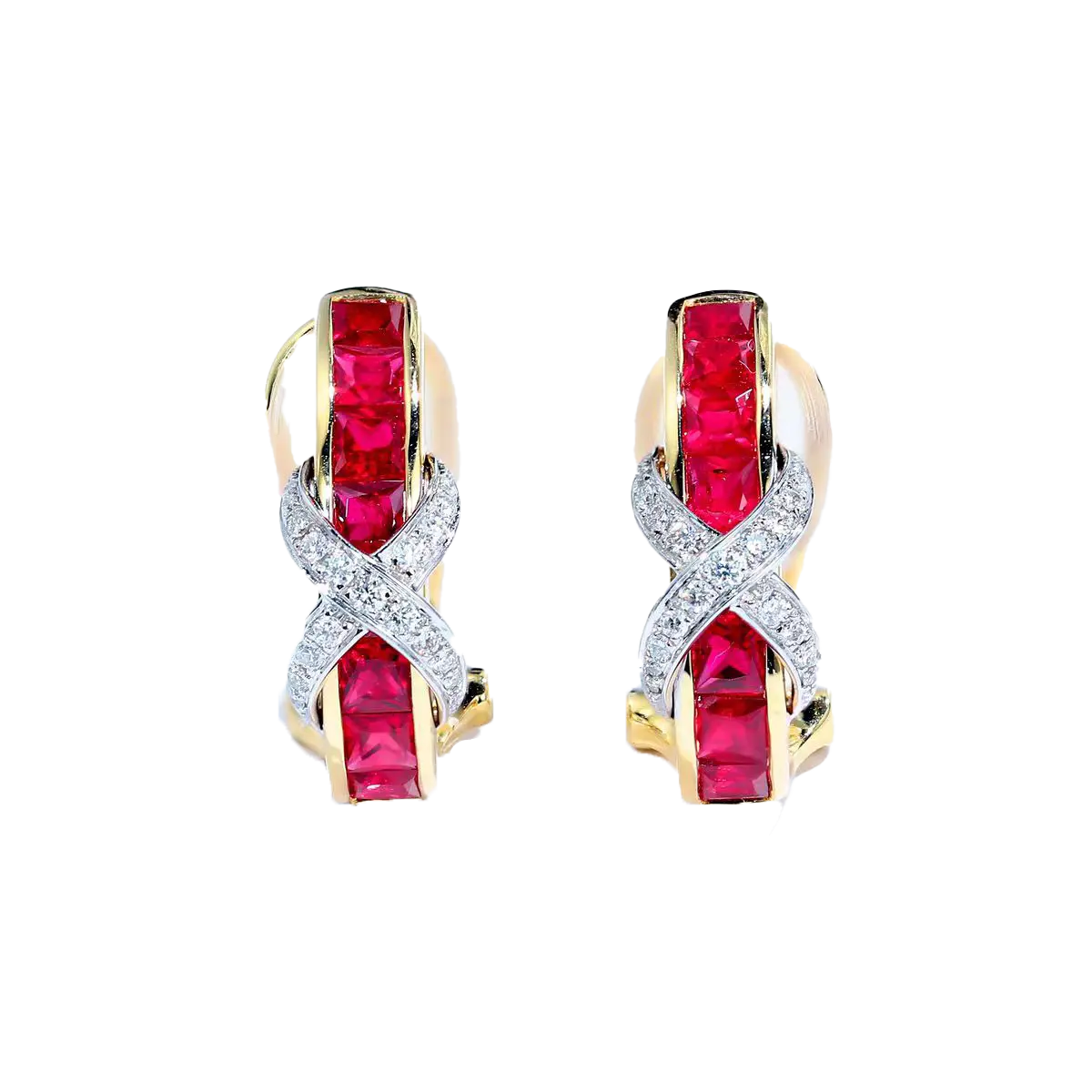 Princess-Cut Lab-Grown Ruby Huggie Earrings with Round Moissanite | Two-Tone Gold Design | BOCOS JEWELRY