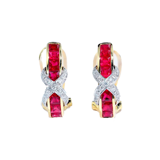 Princess-Cut Lab-Grown Ruby Huggie Earrings with Round Moissanite | Two-Tone Gold Design | BOCOS JEWELRY