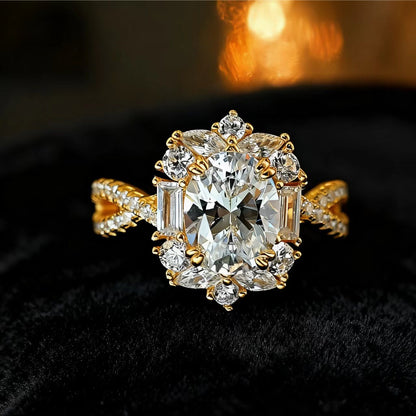 Oval-Cut Moissanite Vintage Cluster Ring | 18K Gold / 925 Silver Custom | BOCOS JEWELRY