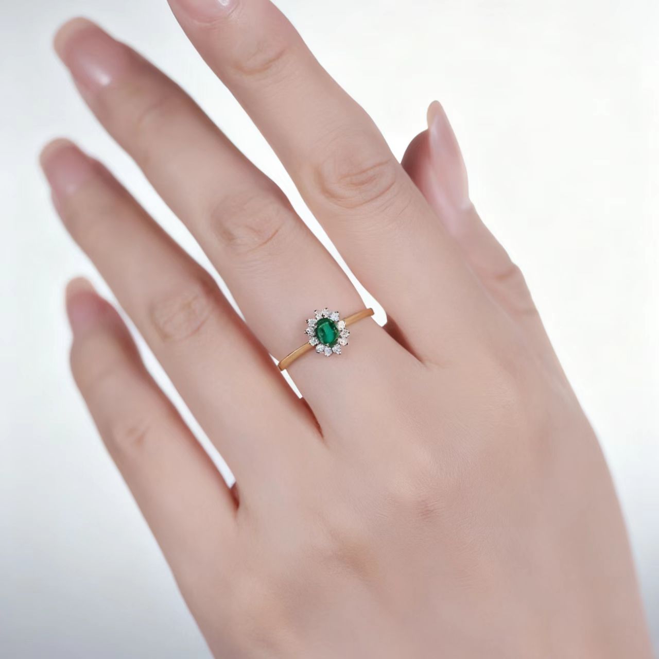 Oval-Cut Lab-Grown Emerald Halo Ring with Moissanite | 18K Gold / 925 Sterling Silver | BOCOS JEWELRY