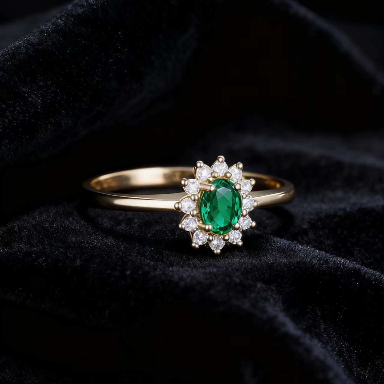 Oval-Cut Lab-Grown Emerald Halo Ring with Moissanite | 18K Gold / 925 Sterling Silver | BOCOS JEWELRY