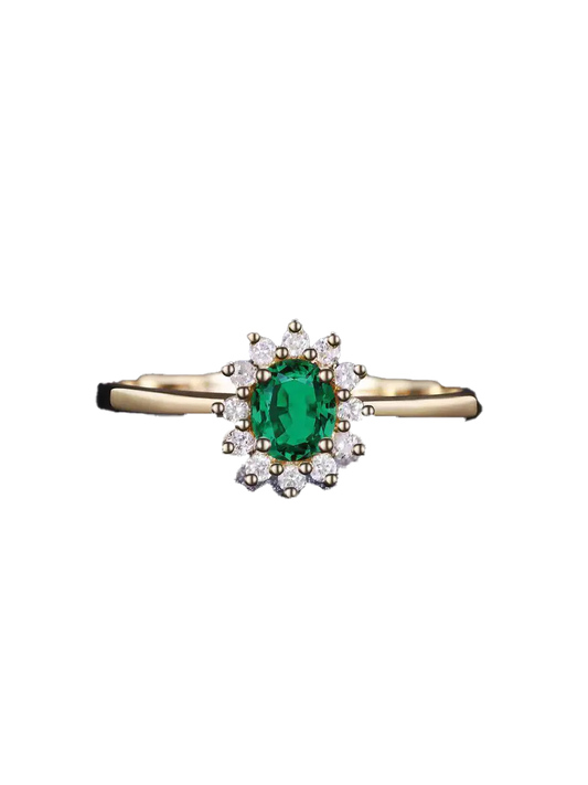 Oval-Cut Lab-Grown Emerald Halo Ring with Moissanite | 18K Gold / 925 Sterling Silver | BOCOS JEWELRY