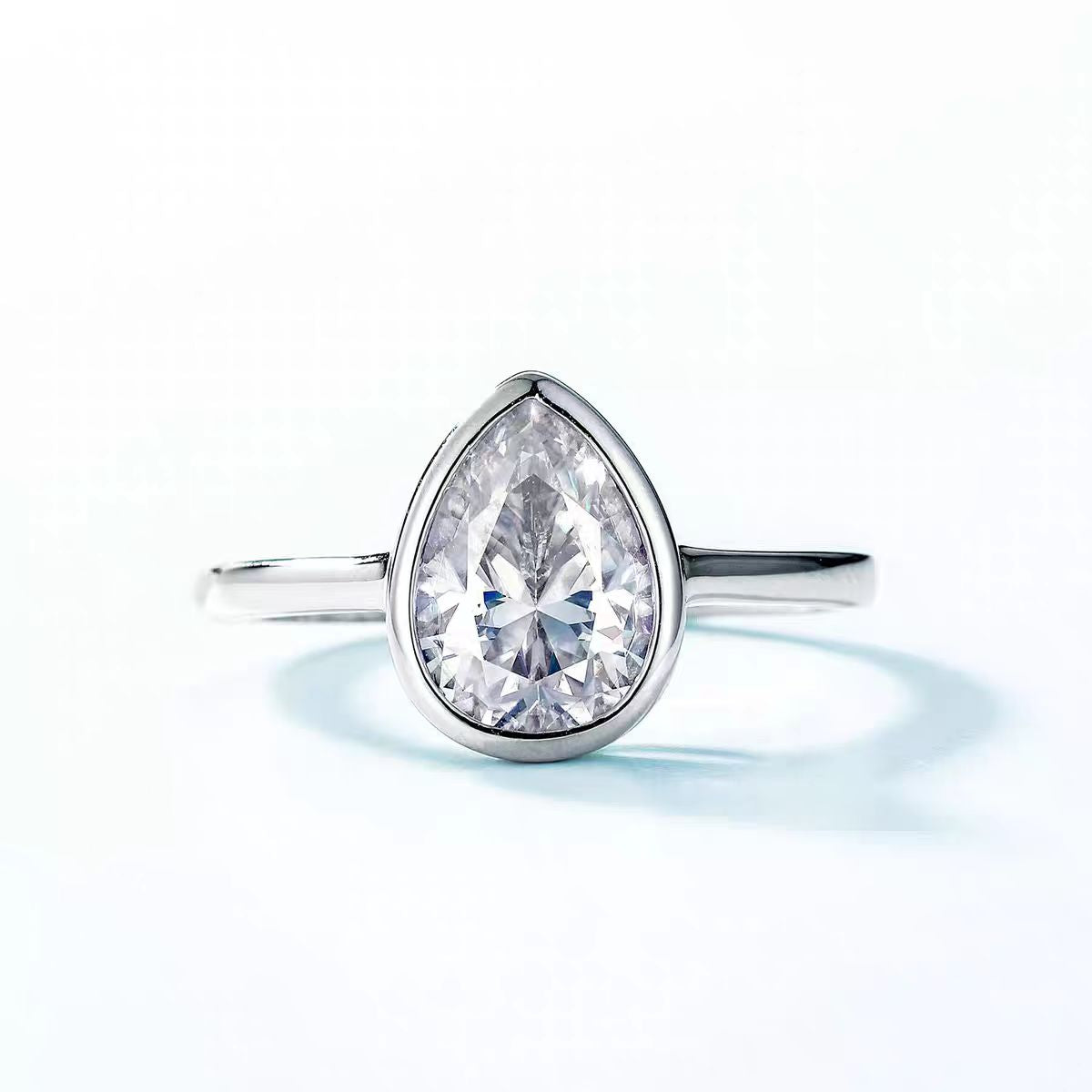 Pear-Cut Moissanite Bezel-Set Ring | 925 Sterling Silver / 18K White Gold Custom | BOCOS JEWELRY