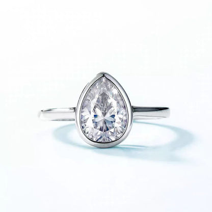 Pear-Cut Moissanite Bezel-Set Ring | 925 Sterling Silver / 18K White Gold Custom | BOCOS JEWELRY