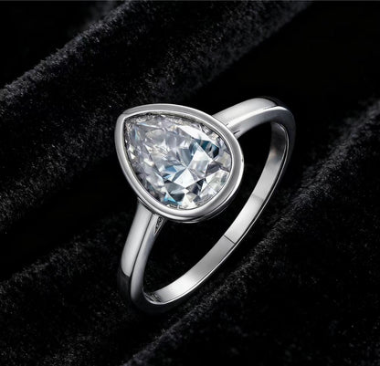 Pear-Cut Moissanite Bezel-Set Ring | 925 Sterling Silver / 18K White Gold Custom | BOCOS JEWELRY