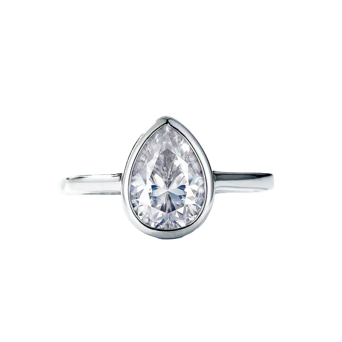 Pear-Cut Moissanite Bezel-Set Ring | 925 Sterling Silver / 18K White Gold Custom | BOCOS JEWELRY