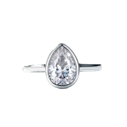 Pear-Cut Moissanite Bezel-Set Ring | 925 Sterling Silver / 18K White Gold Custom | BOCOS JEWELRY