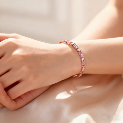 Rose Quartz & Moissanite Gold-Plated Tennis Bracelet | "Love Stone" Gentle Style Daily Jewelry | BOCOS JEWELRY
