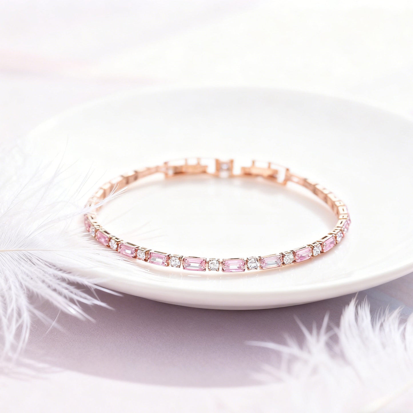 Rose Quartz & Moissanite Gold-Plated Tennis Bracelet | "Love Stone" Gentle Style Daily Jewelry | BOCOS JEWELRY