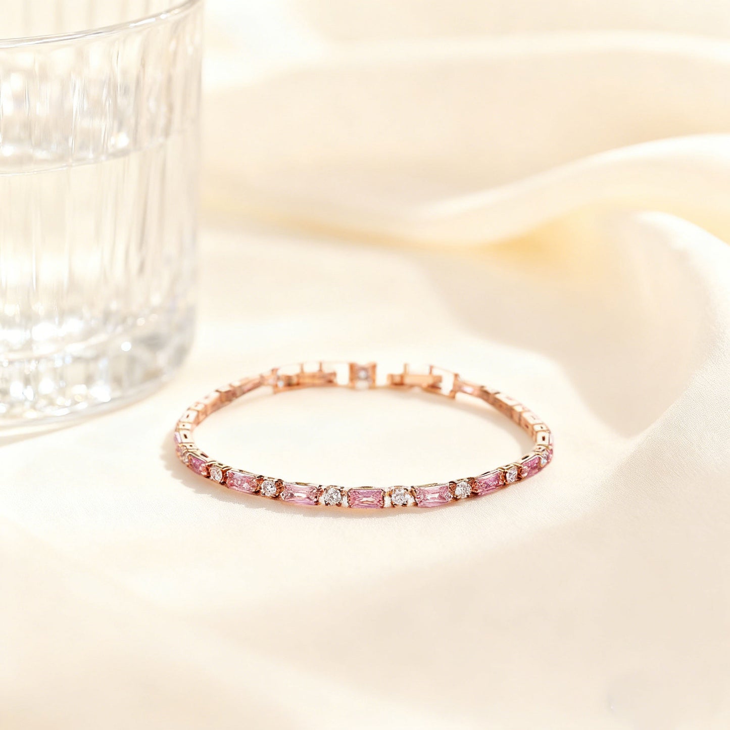 Rose Quartz & Moissanite Gold-Plated Tennis Bracelet | "Love Stone" Gentle Style Daily Jewelry | BOCOS JEWELRY